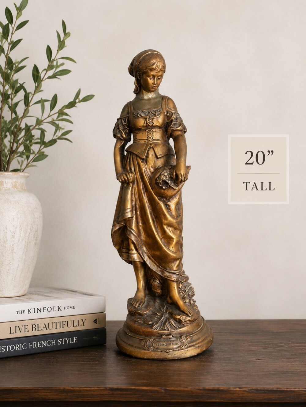 Vintage French Spelter Lady Statue “La Grâce de Dieu” Bronze Old World Decor - Picture 2 of 9